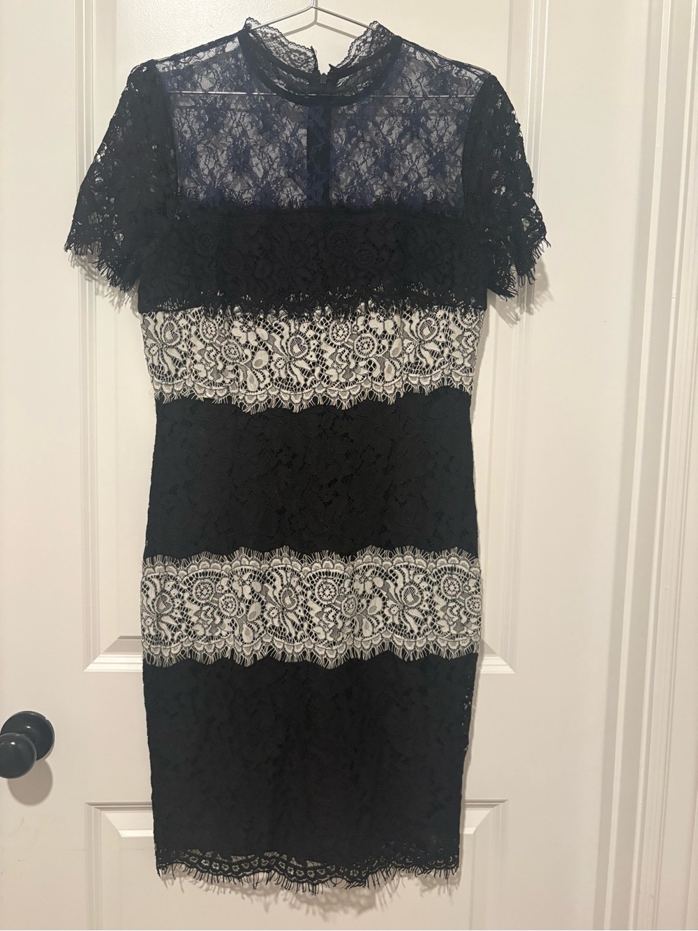 Lace-Striped Midi Dress with High Neck